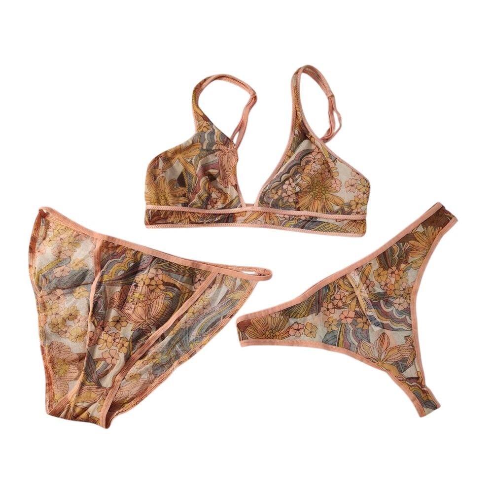 Victoria's Secret Coral 70's inspired mesh bra and panties 3 piece set size S